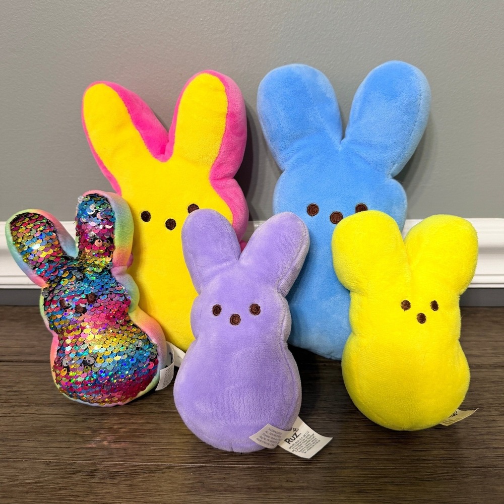 Peeps Bunny Plush Lot 5 Piece‎ Set Rainbow Sequin Blue Yellow Purple Easter Toy